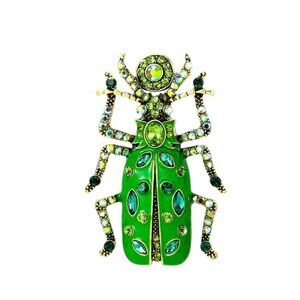 Green Jeweled Enamel Beetle Brooch Pin With Crystal Rhinestones